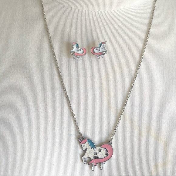 Magical Peach Pink Turquoise Star Glitter Unicorn Necklace And Post Earrings - Picture 1 of 14